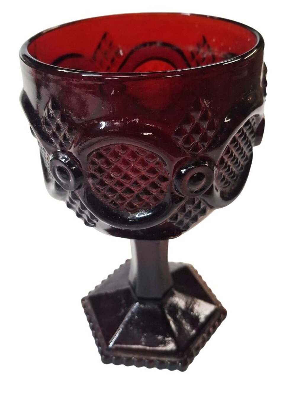 Vintage Avon Ruby Red Glass Goblet With Diamond & Circle Pattern 6 Oz Capacity 6